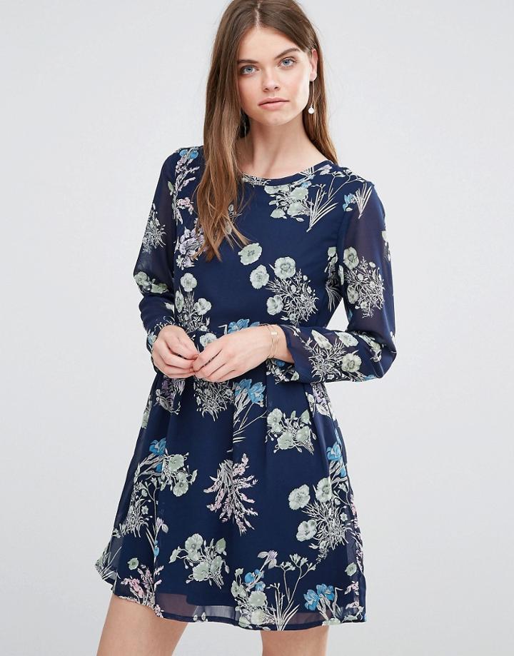 Yumi Long Sleeve Shift Dress In Butterfly Print - Navy