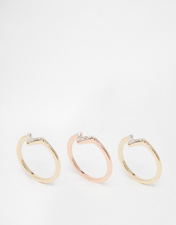 Asos Pack Of 3 Occasion Chevron Crystal Rings - Mixed Metal
