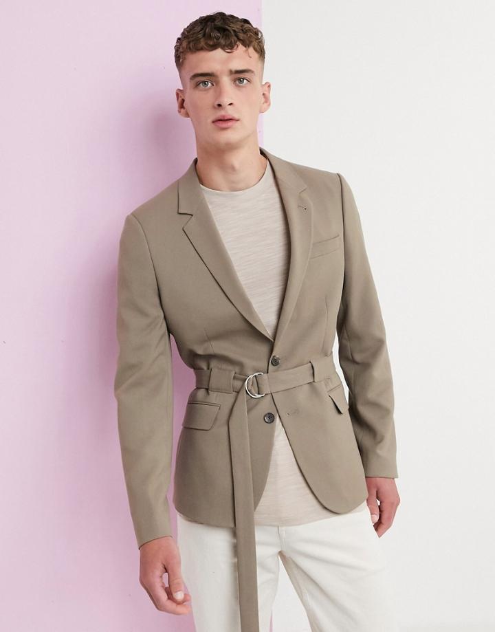 Asos Design Skinny Blazer With Belt In Camel-tan