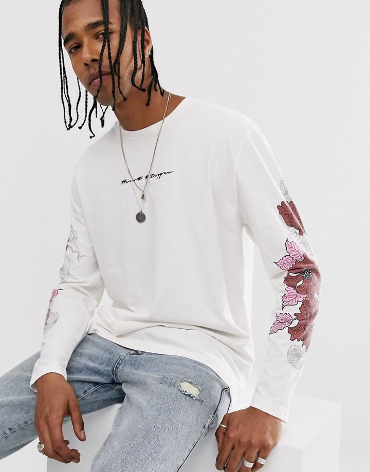 Heart & Dagger Long Sleeve Branded T-shirt With Side Rose Embroidery - White