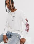 Heart & Dagger Long Sleeve Branded T-shirt With Side Rose Embroidery - White