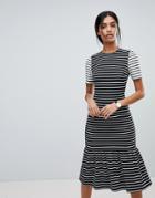 Asos Midi Dress With Pep Hem In Mono Stripes - Multi