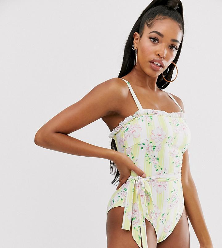 Peek & Beau Fuller Bust Exclusive Eco Floral Stripe Swimsuit With Ruffle And Belt In Yellow D - F Cup-white