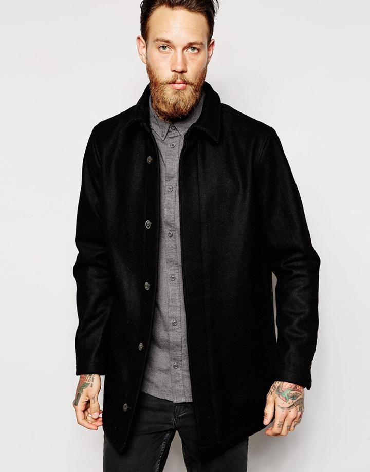 Dr Denim Wool Coat Tosh Concealed Fly Front - Black