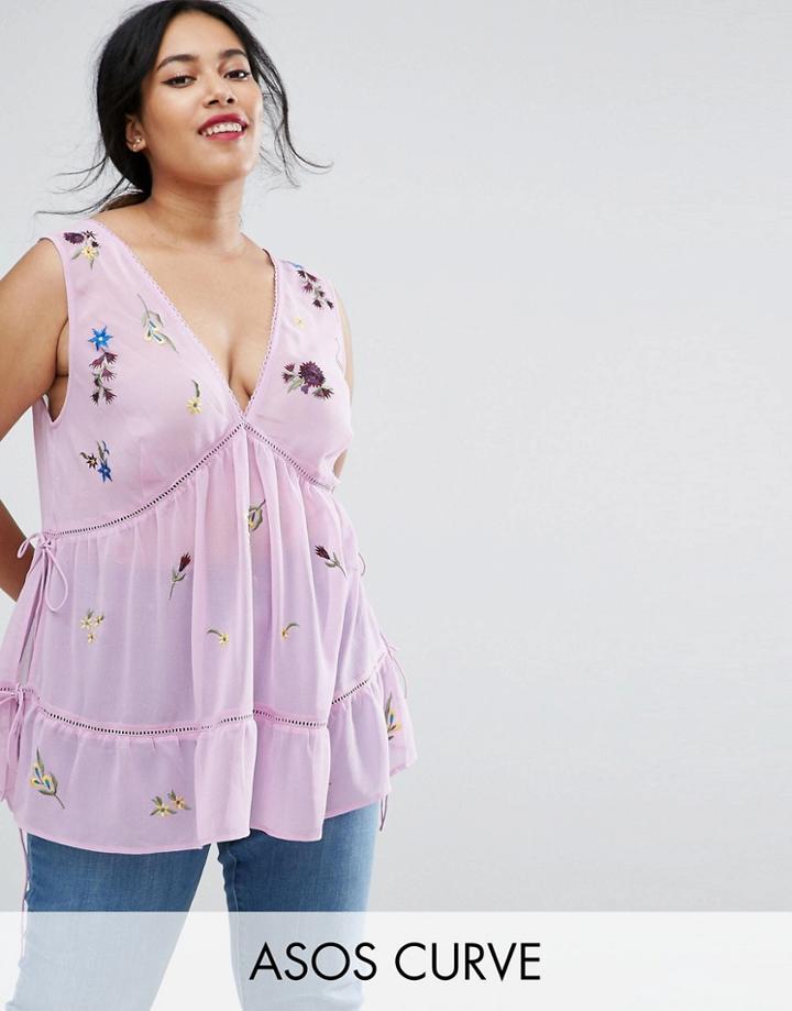 Asos Curve Sleeveless Embroidered Tank With Lace Up Back - Purple