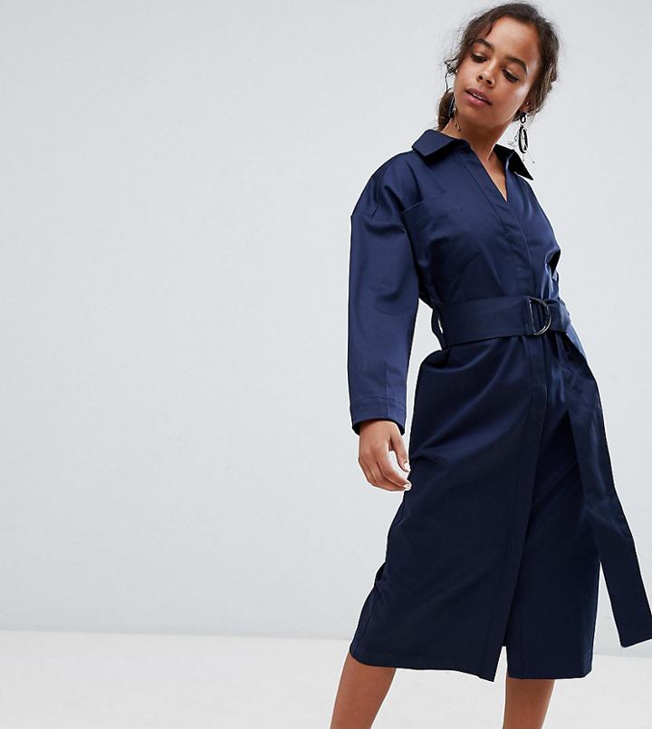 Asos White Petite Twill Midi Dress With Waist Belt - Navy