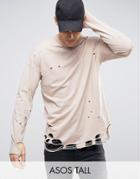 Asos Tall Oversized Long Sleeve T-shirt In Beige With Extreme Distress - Beige