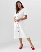 Asos Design Midi Skater Dress With Puff Sleeves And Contrast Buttons-white