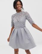 Little Mistress 3/4 Sleeve Mini Skater Dress With Lace Upper - Gray