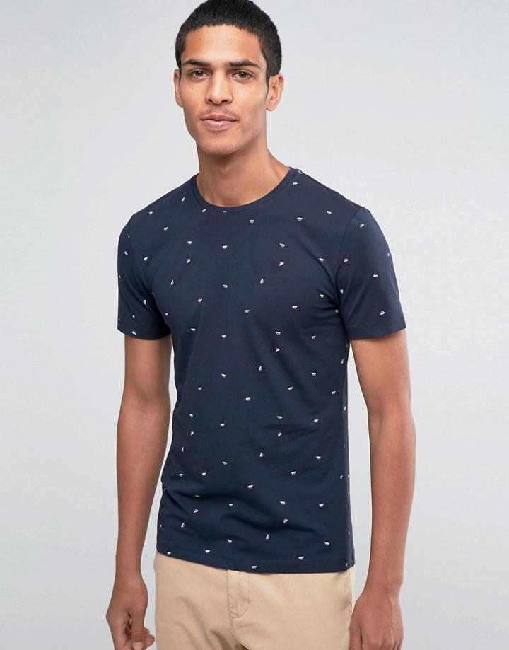 Esprit Crew Neck T-shirt With All Over Leaf Print - Navy
