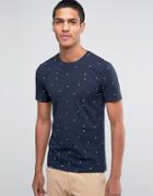 Esprit Crew Neck T-shirt With All Over Leaf Print - Navy