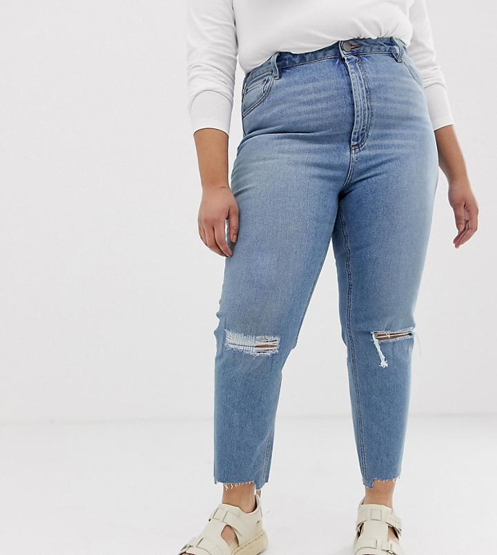 Asos Design Curve Farleigh High Waist Slim Mom Jeans In Light Vintage Wash With Busted Knee And Rip & Repair Detail - Blue