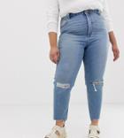 Asos Design Curve Farleigh High Waist Slim Mom Jeans In Light Vintage Wash With Busted Knee And Rip & Repair Detail - Blue