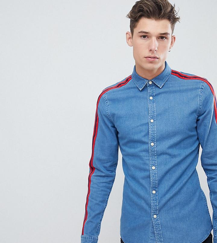Asos Design Tall Skinny Fit Denim Shirt With Red Tape Detail - Blue