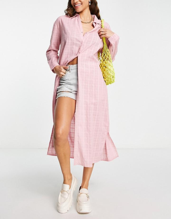 Topshop Check Maxi Beach Shirt In Pink