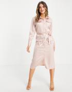 Lola May Tie Waist Satin Midi Shirt Dress In Rose Pink