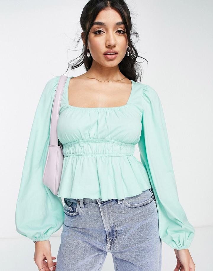 Asos Design Shirred Waist Long Sleeve Top In Green