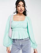Asos Design Shirred Waist Long Sleeve Top In Green
