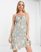 Only Strappy Tie Front Mini Cami Dress In Cream Paisley Print-green