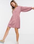 Asos Design Wrap-front Long Sleeve Smock Dress In Rose-pink