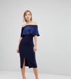 Silver Bloom Satin Contrast Bardot Midi Dress - Navy