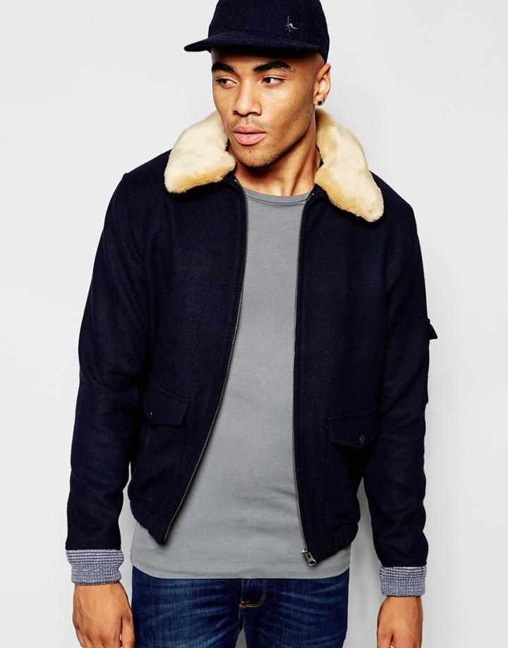 Native Youth Sherpa Collar Wool Flight Jacket - Navy