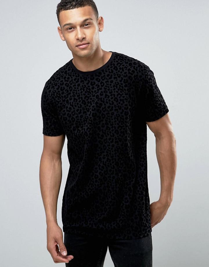 Asos Longline T-shirt With Leopard Print Flock - Black