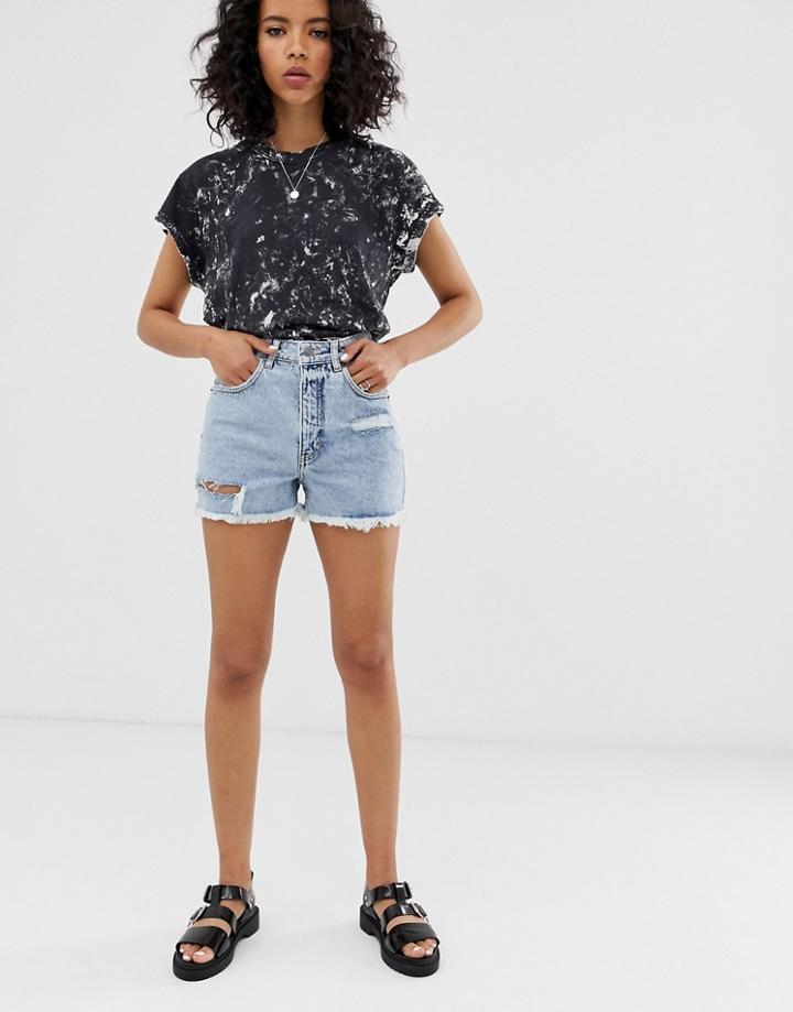 Cheap Monday Recycled Donna Rigid Mom Shorts With Distressing & Raw Hem - Blue