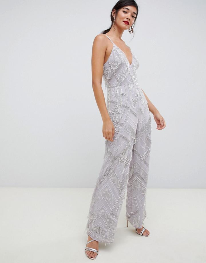 Asos Edition Fringe & Pearl Embellished Jumpsuit With Wide Leg - Multi