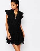 Moon River Ruffle Mini Dress With Tie Front - Black