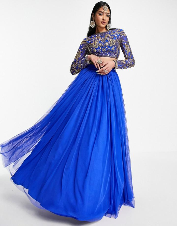 Asos Design Mesh Maxi Lehenga Skirt In Blue