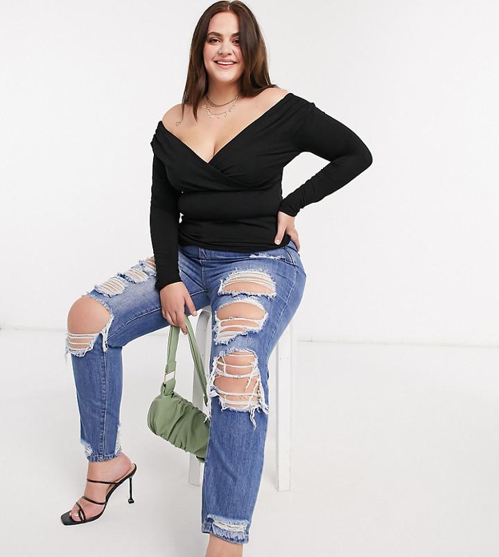Missguided Plus Distressed Riot Mom Jean In Blue-blues