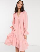 Y.a.s Textured Mini Smock Dress With Dipped Hem And V-neck In Pink