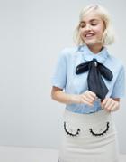 Sister Jane Blouse With Cameo Broach Pussybow And Frill Collar - Blue