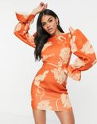 Asos Design Shadow Floral Shoulder Detail Mini Dress In Orange-multi