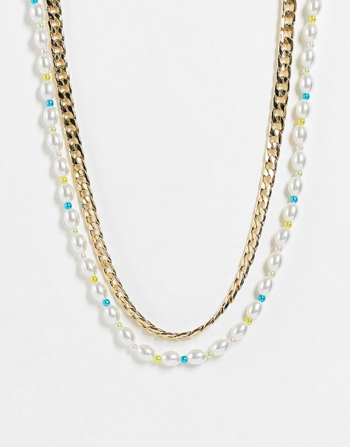 Topshop Faux-pearl And Pastel Bead Multirow Necklace In Gold