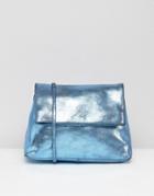 Asos Leather Metallic Foldover Cross Body Bag With Chain Detail - Blue