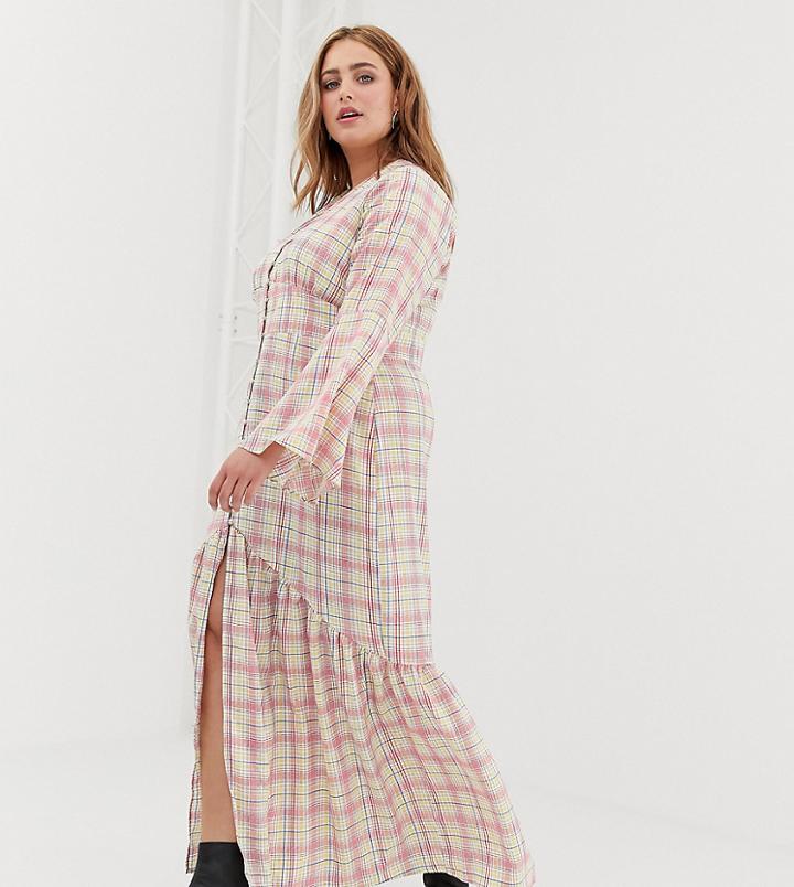 Glamorous Curve Maxi Tea Dress With Button Front In Grid Check