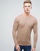Asos Crew Neck Cotton Sweater In Muscle Fit - Beige