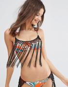 Asos Orange Flower Print Macrame Fringed Bikini Top - Orange Flower