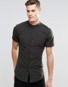Asos Skinny Shirt In Charcoal Jersey With Grandad Collar And Short Sleeves - Gray