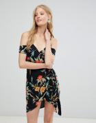 Love & Other Things Tropical Floral Print Wrap Dress - Black