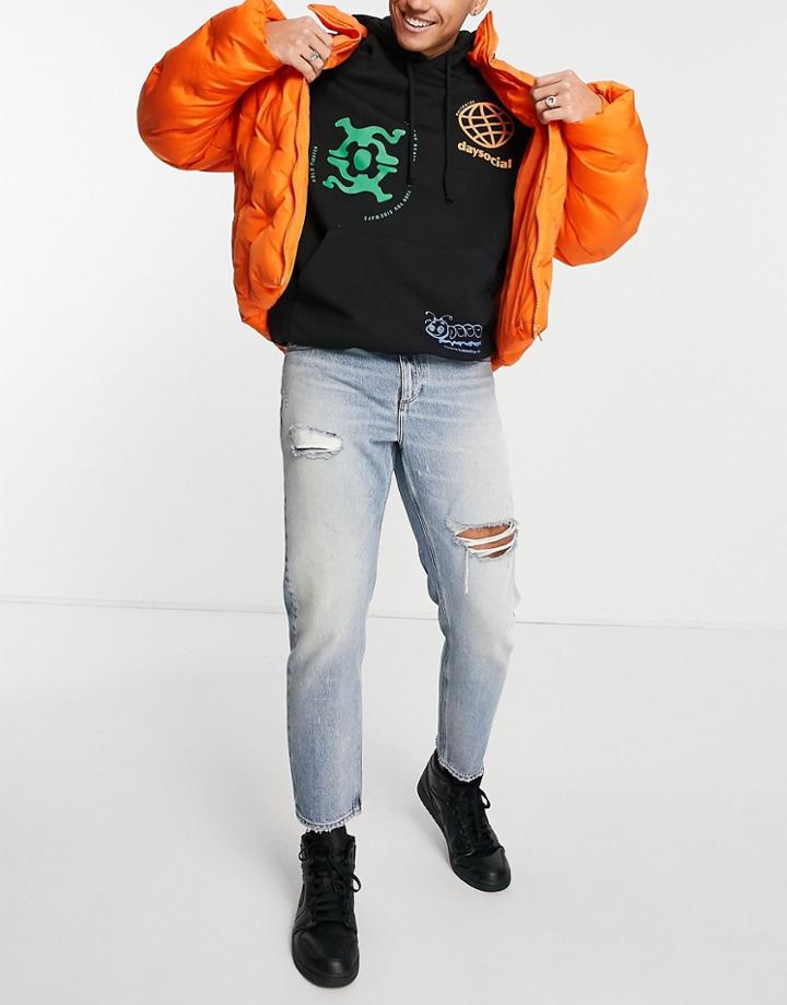 Asos Design Classic Rigid Jeans In Tinted Light Wash With Rips-blue