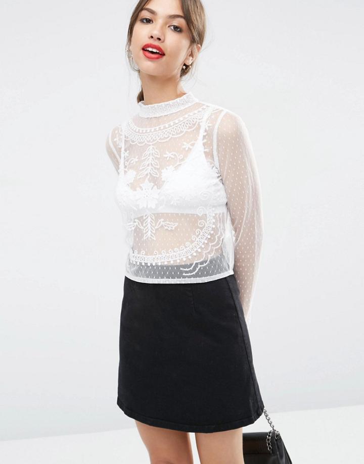 Asos Top In Embroidered Spot Mesh - White