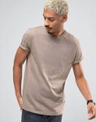 Asos Longline T-shirt In Brown With Roll Sleeve - Brown