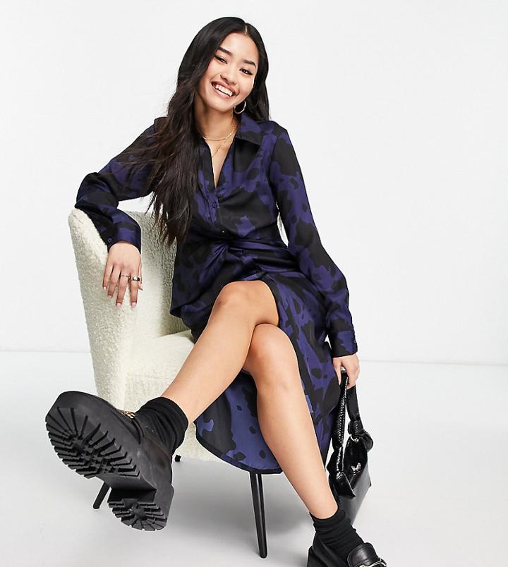 Stradivarius Twist Detail Satin Shirt Dress In Blue Print