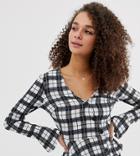 Miss Selfridge Wrap Blouse With Button Front In Check-navy