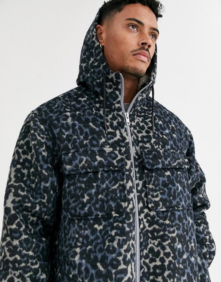 Asos Design Wool Mix Jacket In Leopard Print With Fur Lining-blue