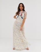 Frock And Frill Floral And Bird Embroidered Maxi Dress In Allover Rainbow Polka Print-multi