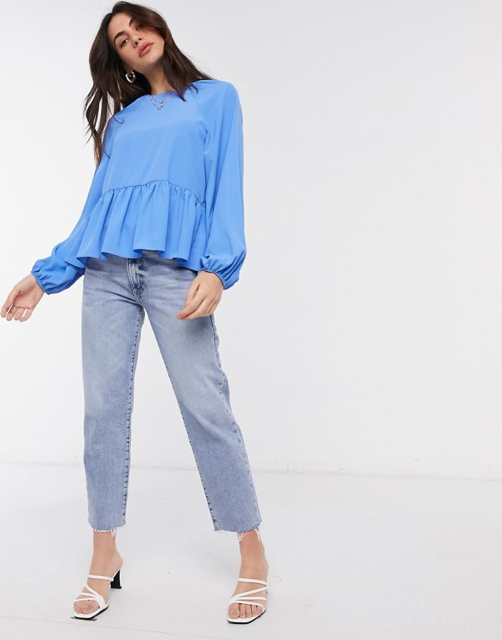 Asos Design Long Sleeve Smock Top In Blue-white